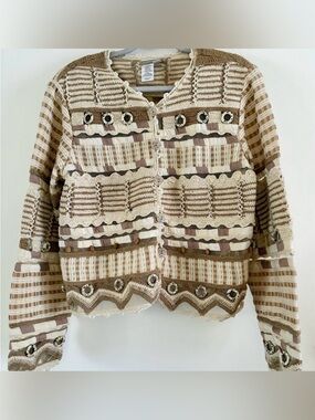VINTAGE Coldwater Creek Crocheted Cardigan SMALL Knit Beaded Woven Nautical Sea